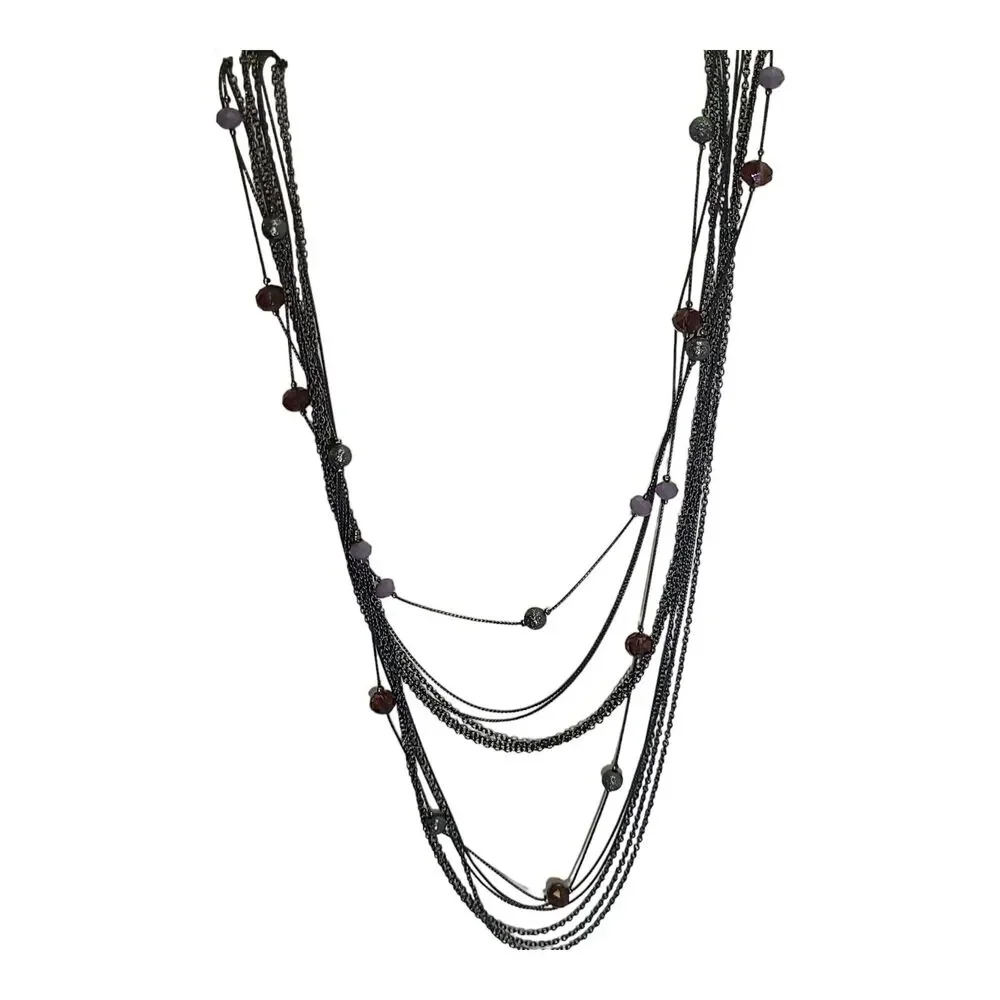 Gunmetal & Purple Crystal Bead‎ Multi Strand Station Necklace 26-28